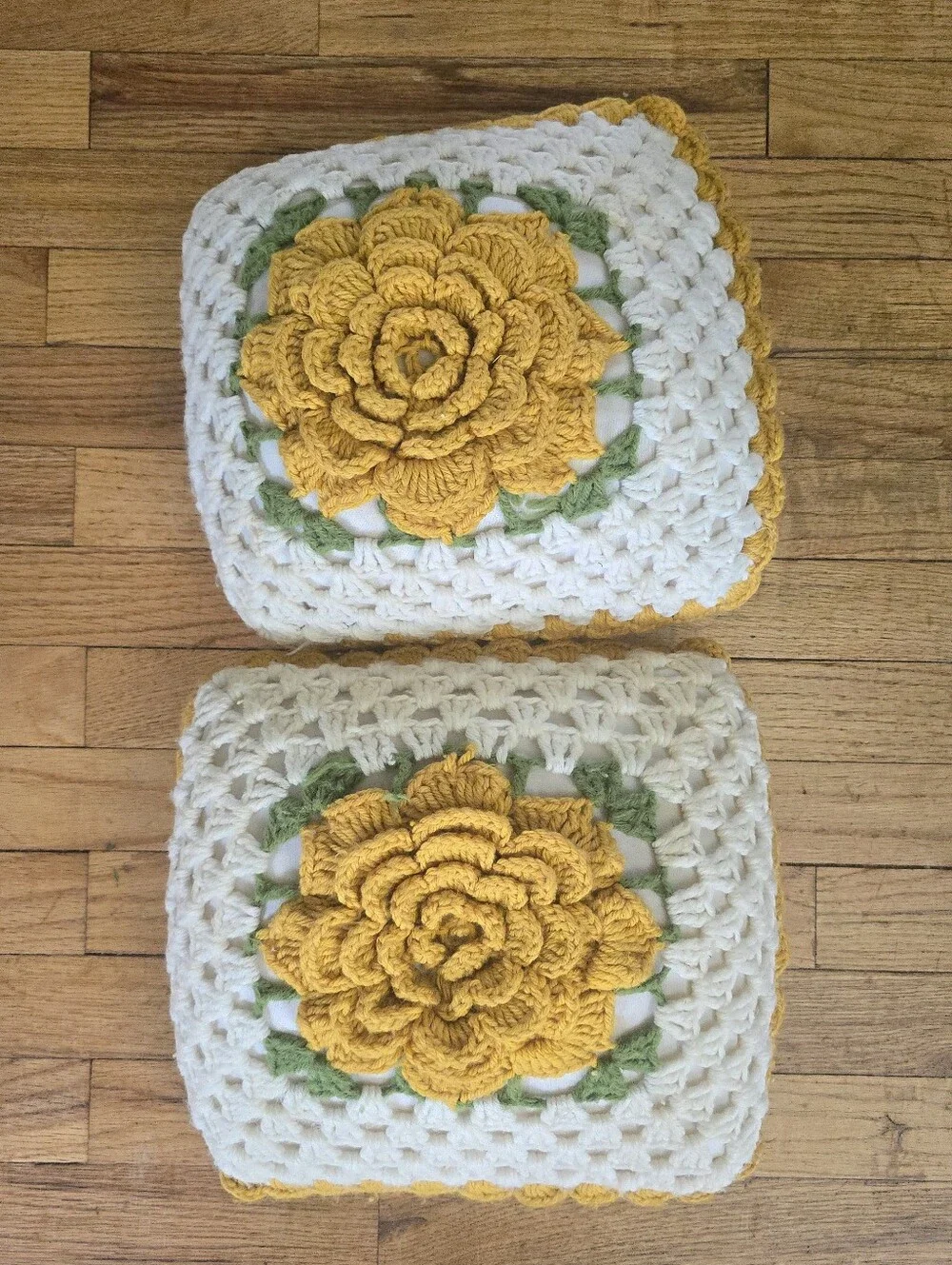 Set Of 2 Vintage Granny Square Crochet Throw Pillows 3D Yellow Roses *read